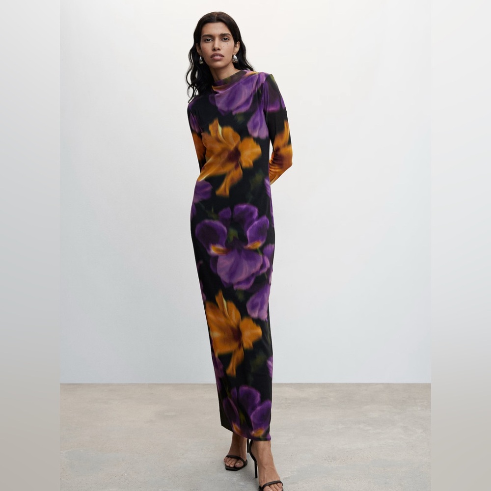 Mango Black Maxi Dress Floral High Neck Bodycon Dress - Picture 5 of 7